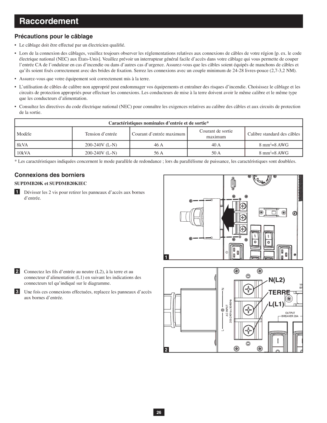 Tripp Lite SUPDMB20KHW owner manual Précautions pour le câblage, Connexions des borniers, SUPDMB20K et SUPDMB20KIEC 