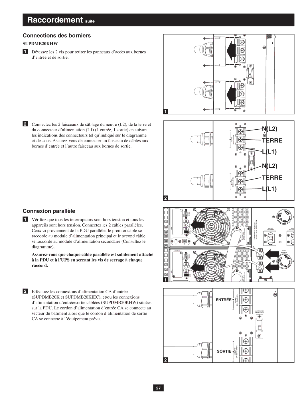 Tripp Lite SUPDMB20KHW, SUPDMB20KIEC owner manual Connections des borniers, Connexion parallèle 