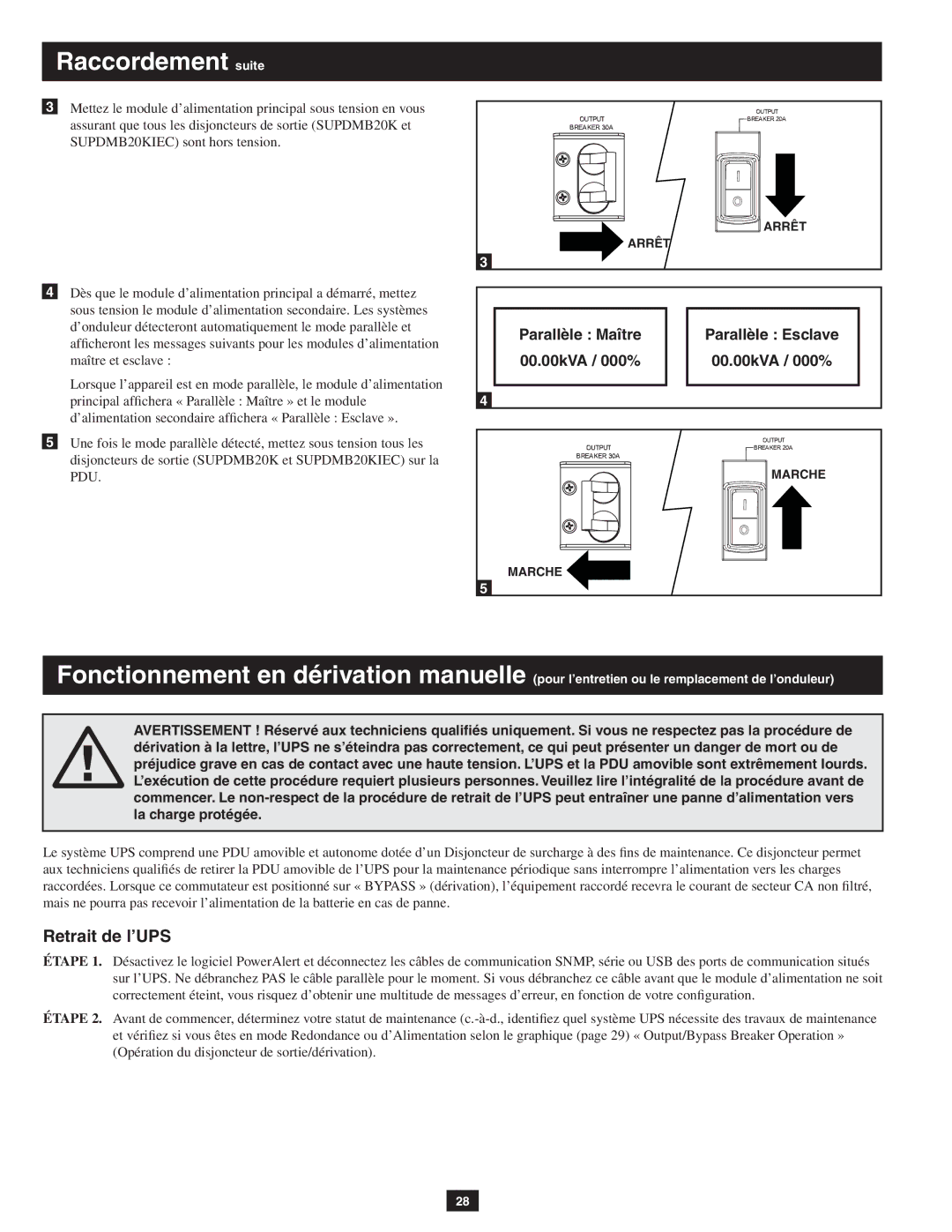 Tripp Lite SUPDMB20KHW, SUPDMB20KIEC owner manual Retrait de l’UPS, Parallèle Maître Parallèle Esclave 00.00kVA / 000% 