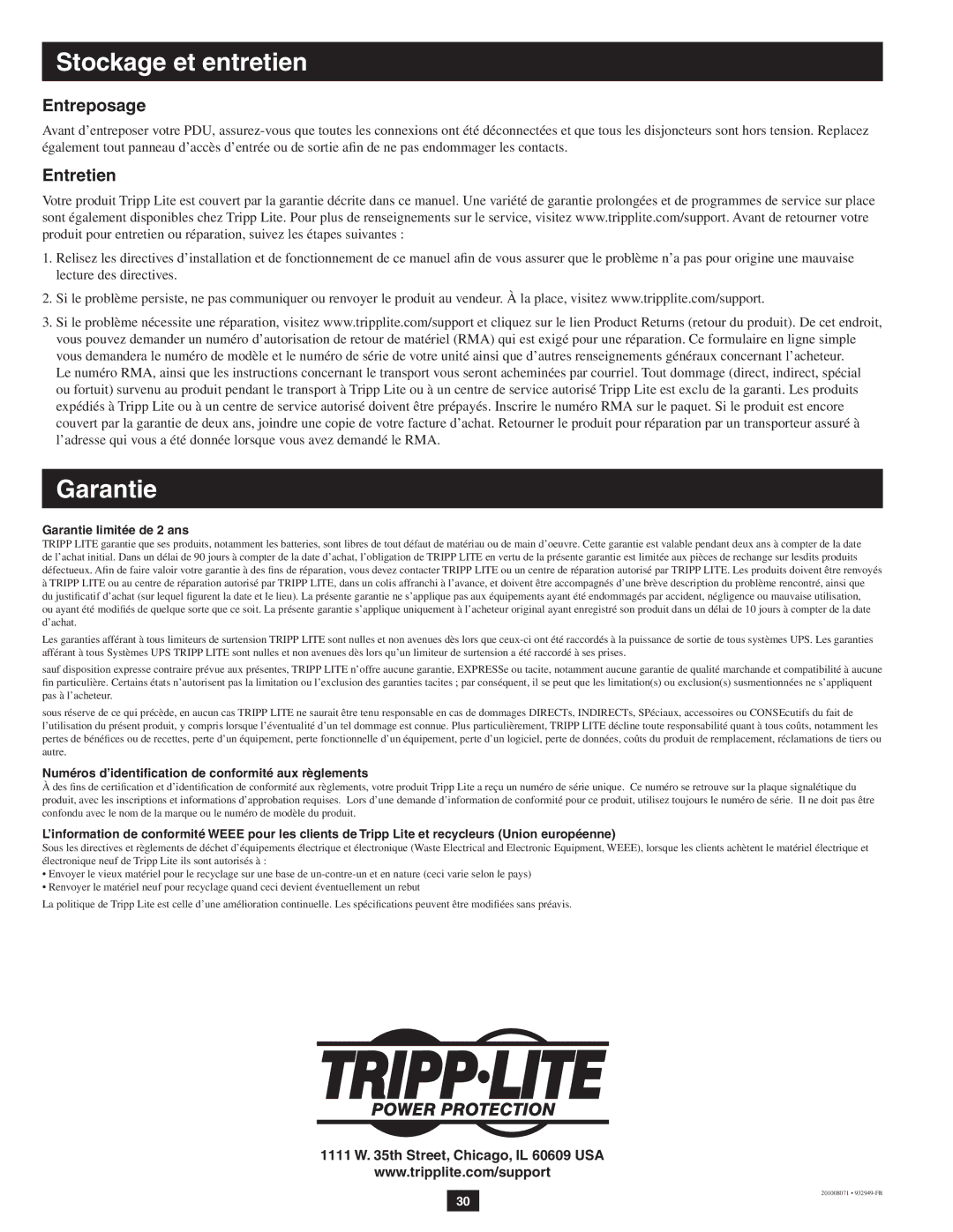 Tripp Lite SUPDMB20KHW, SUPDMB20KIEC owner manual Entreposage, Entretien 