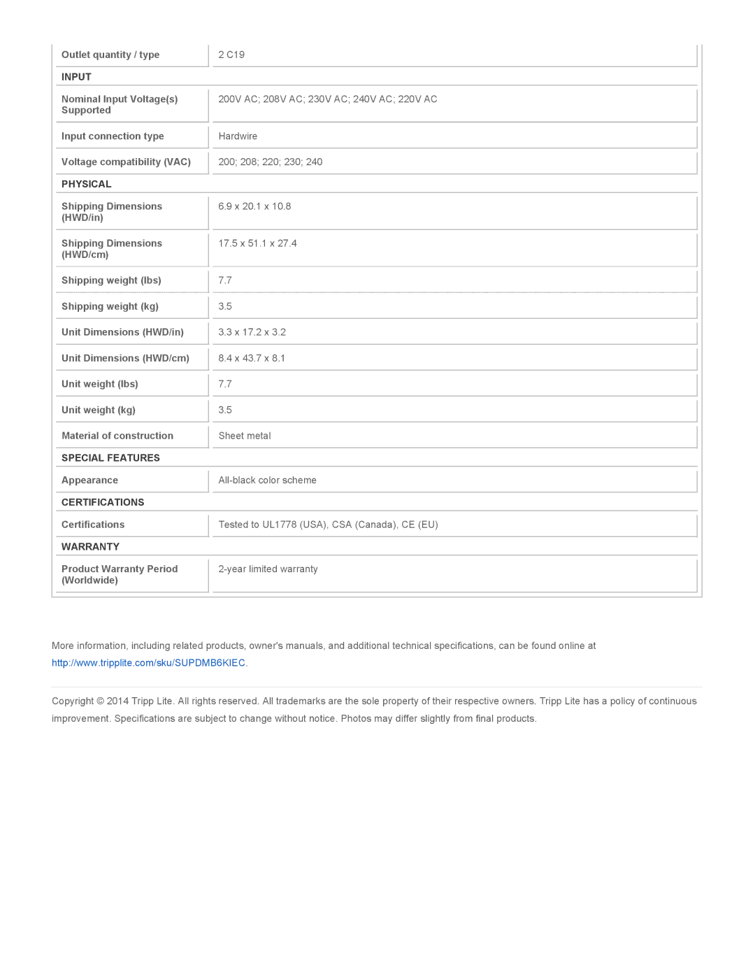 Tripp Lite SUPDMB6KIEC specifications Input, Physical, Special Features, Certifications, Warranty 