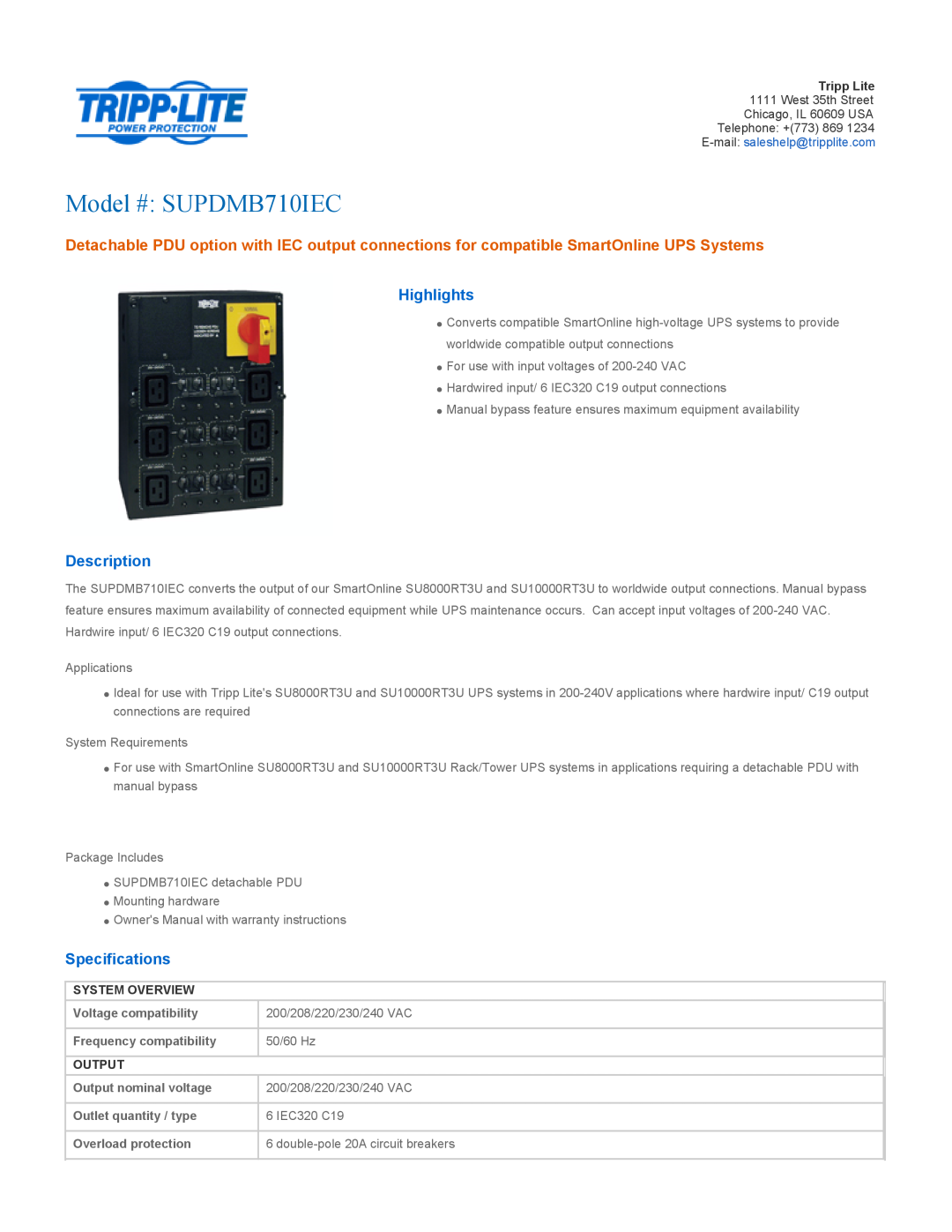 Tripp Lite specifications System Overview, Output, Model # SUPDMB710IEC, Highlights, Description, Specifications 