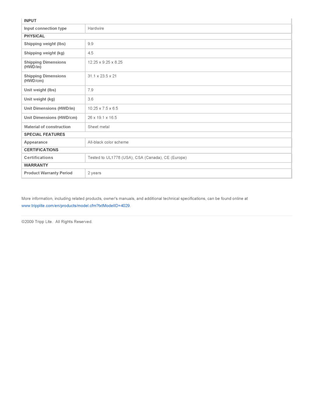 Tripp Lite SUPDMB710IEC specifications Input, Physical, Special Features, Certifications, Warranty 