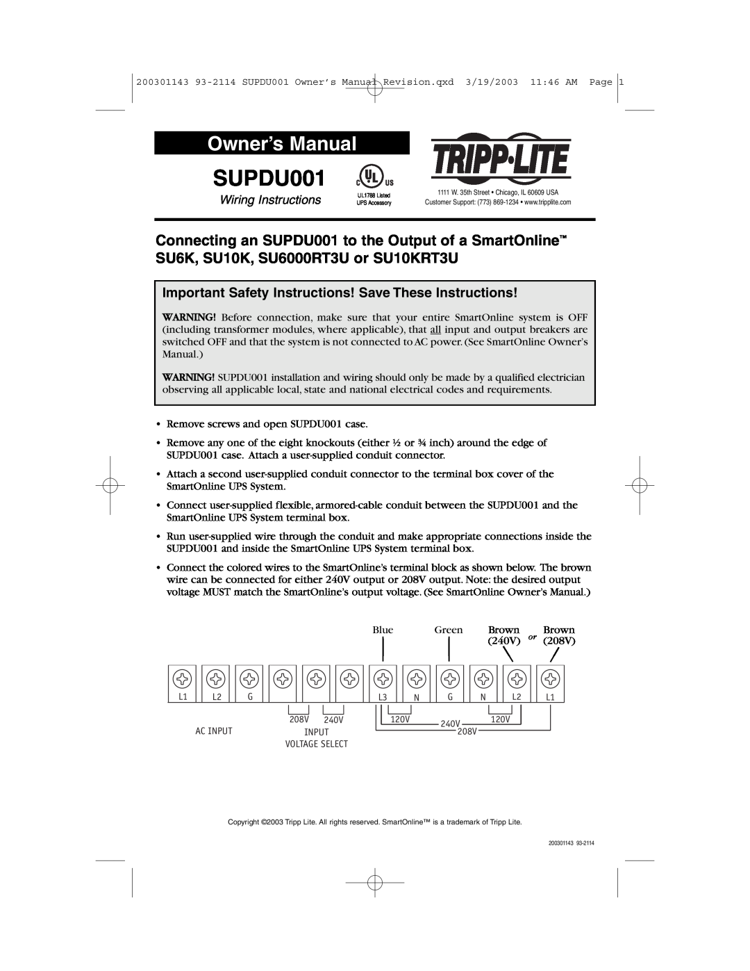 Tripp Lite owner manual SUPDU001 C UL US, Owner’s Manual, Important Safety Instructions! Save These Instructions 