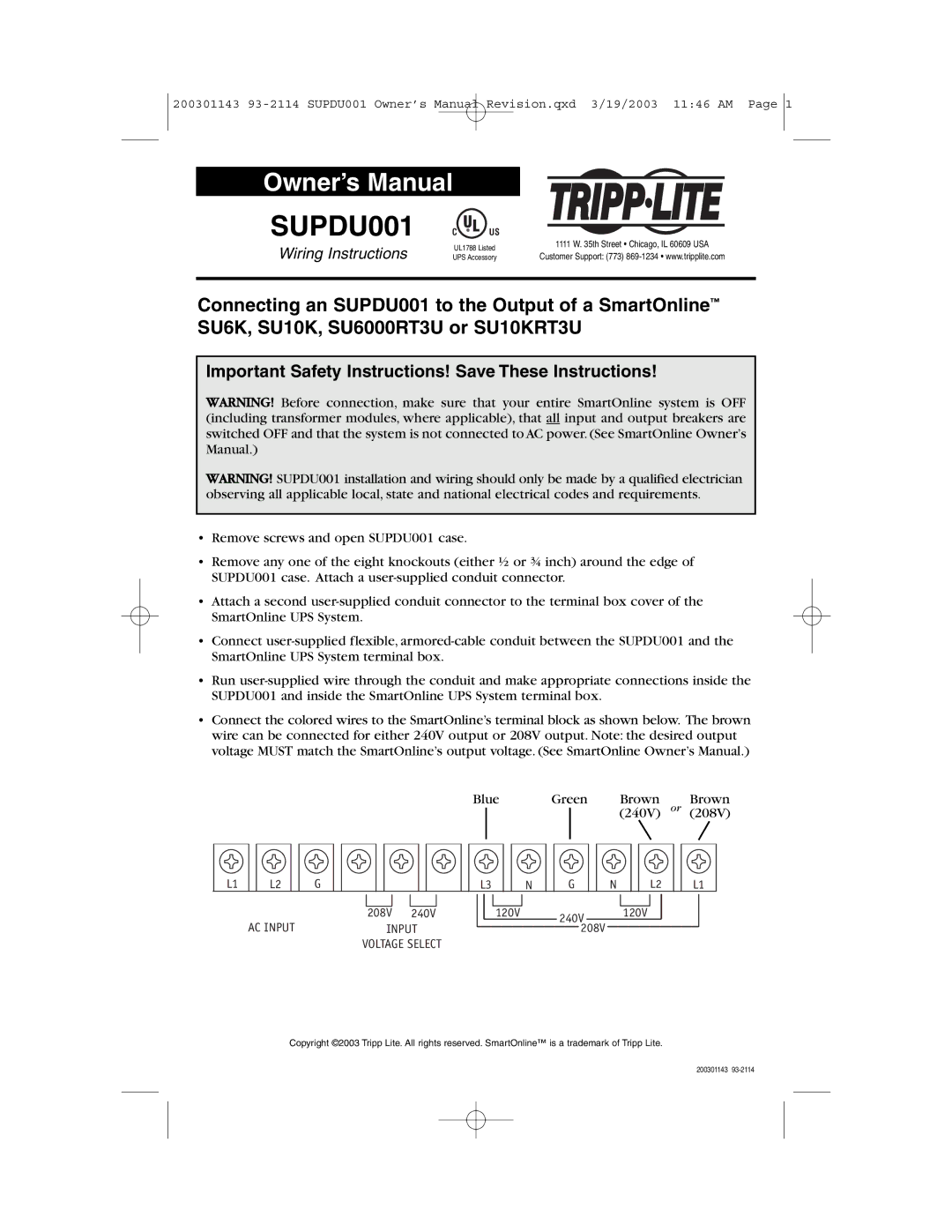 Tripp Lite owner manual SUPDU001 C UL US, Important Safety Instructions! Save These Instructions, AC Input 