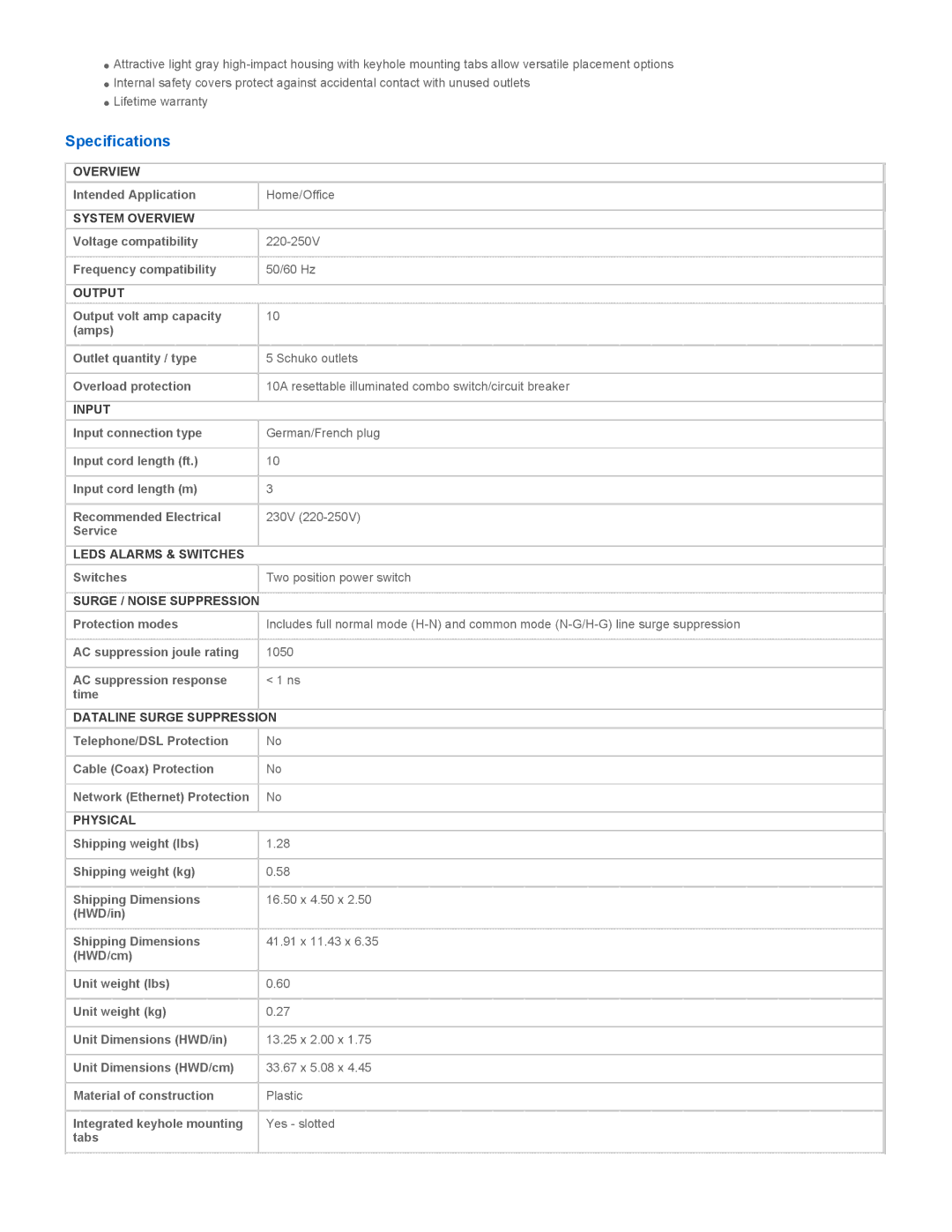 Tripp Lite SUPER5DEU warranty Specifications 