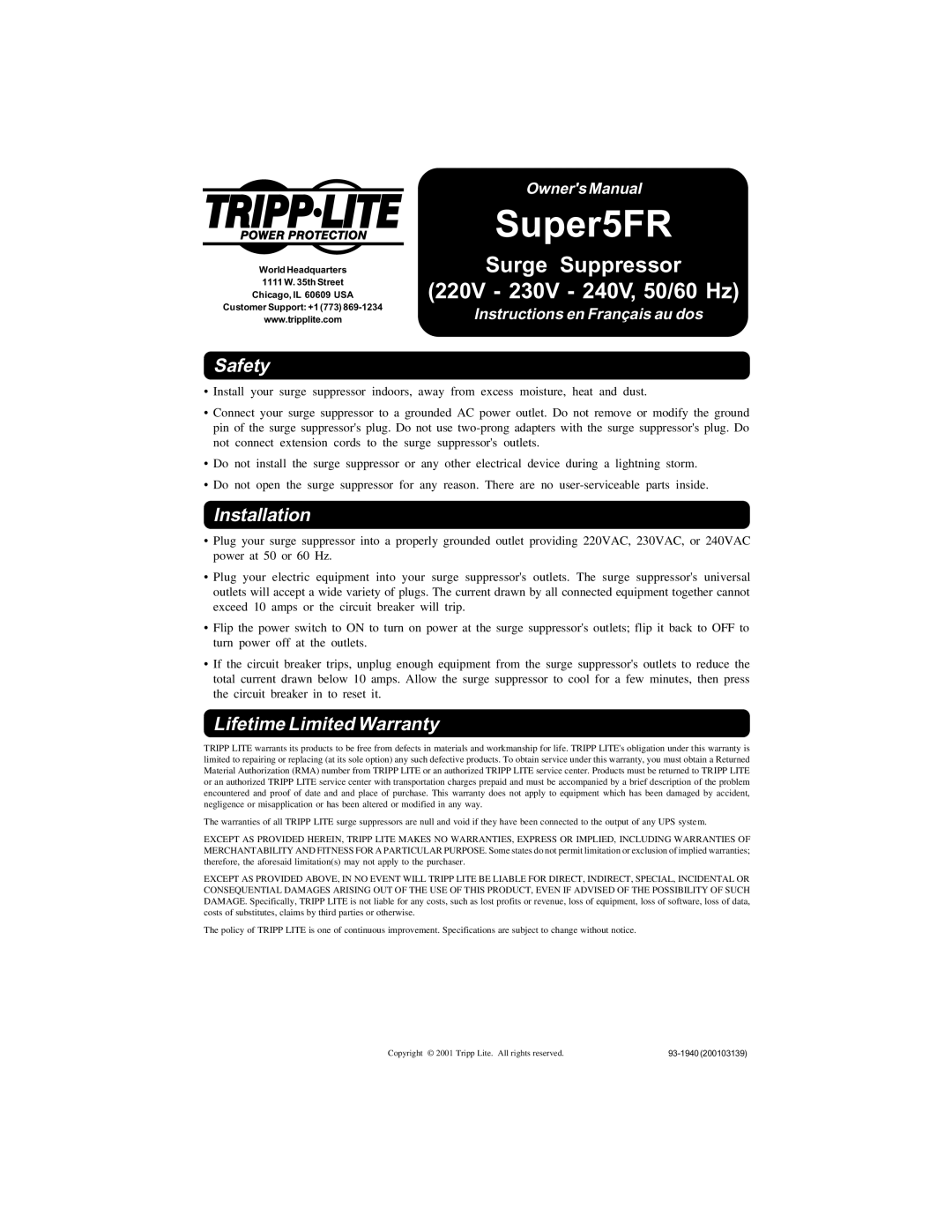 Tripp Lite Super5FR owner manual Surge Suppressor, 220V - 230V - 240V, 50/60 Hz, Safety, Installation, Owners Manual 