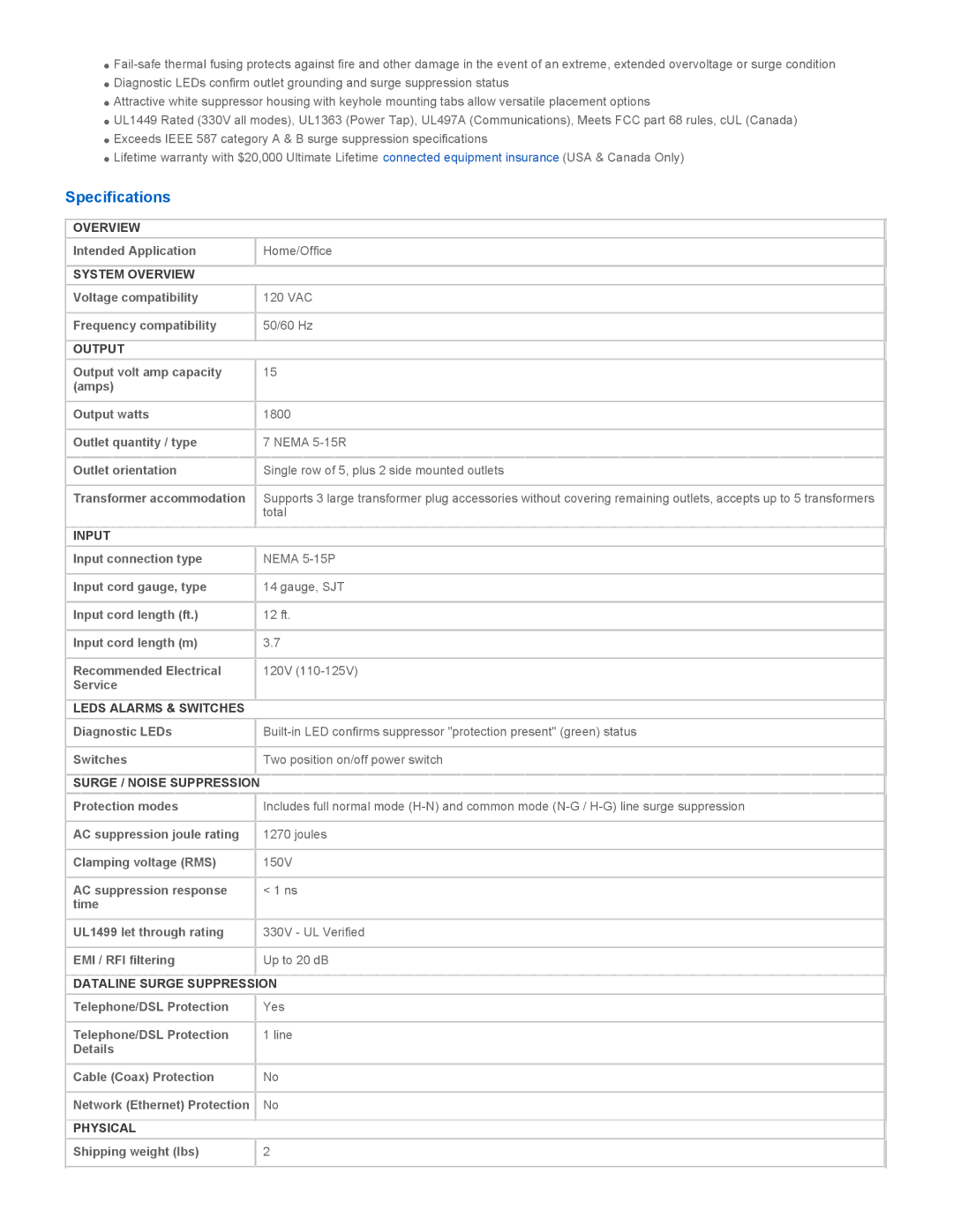 Tripp Lite SUPER6TEL12 warranty Specifications 