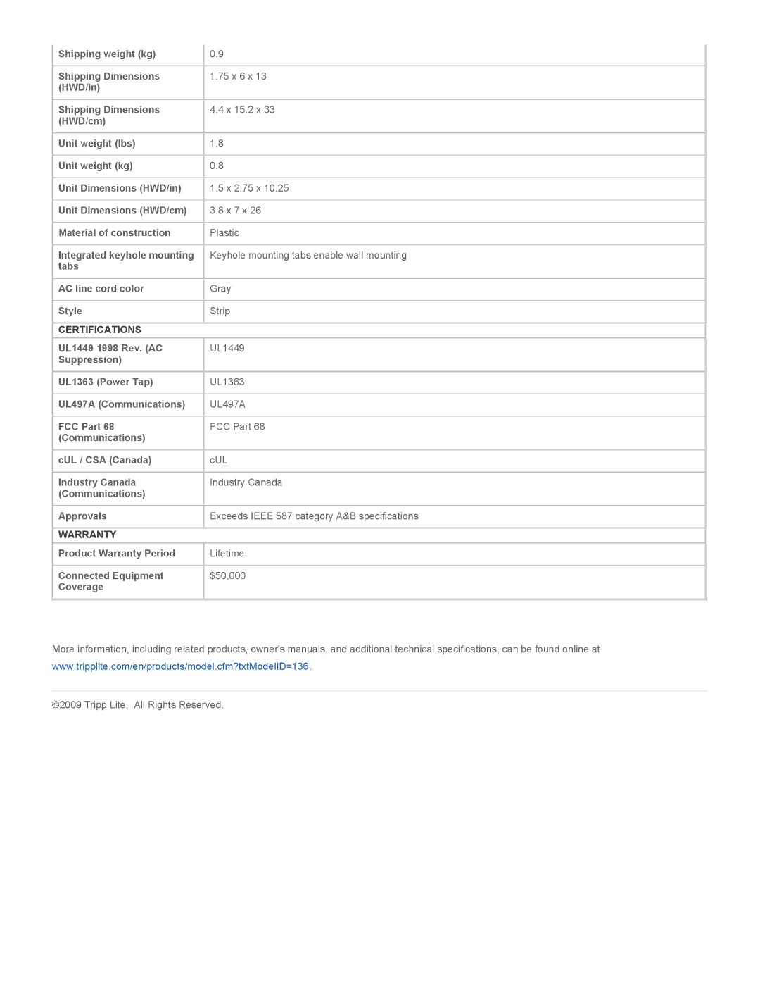 Tripp Lite SUPER6TEL12 warranty Certifications, Warranty 