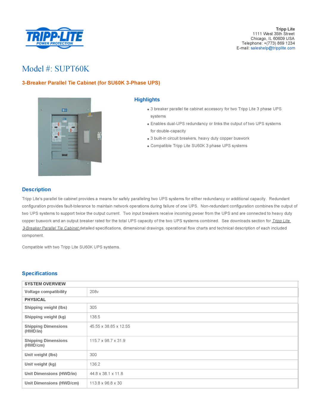 Tripp Lite specifications Model # SUPT60K, Breaker Parallel Tie Cabinet for SU60K 3-Phase UPS, Highlights, Description 