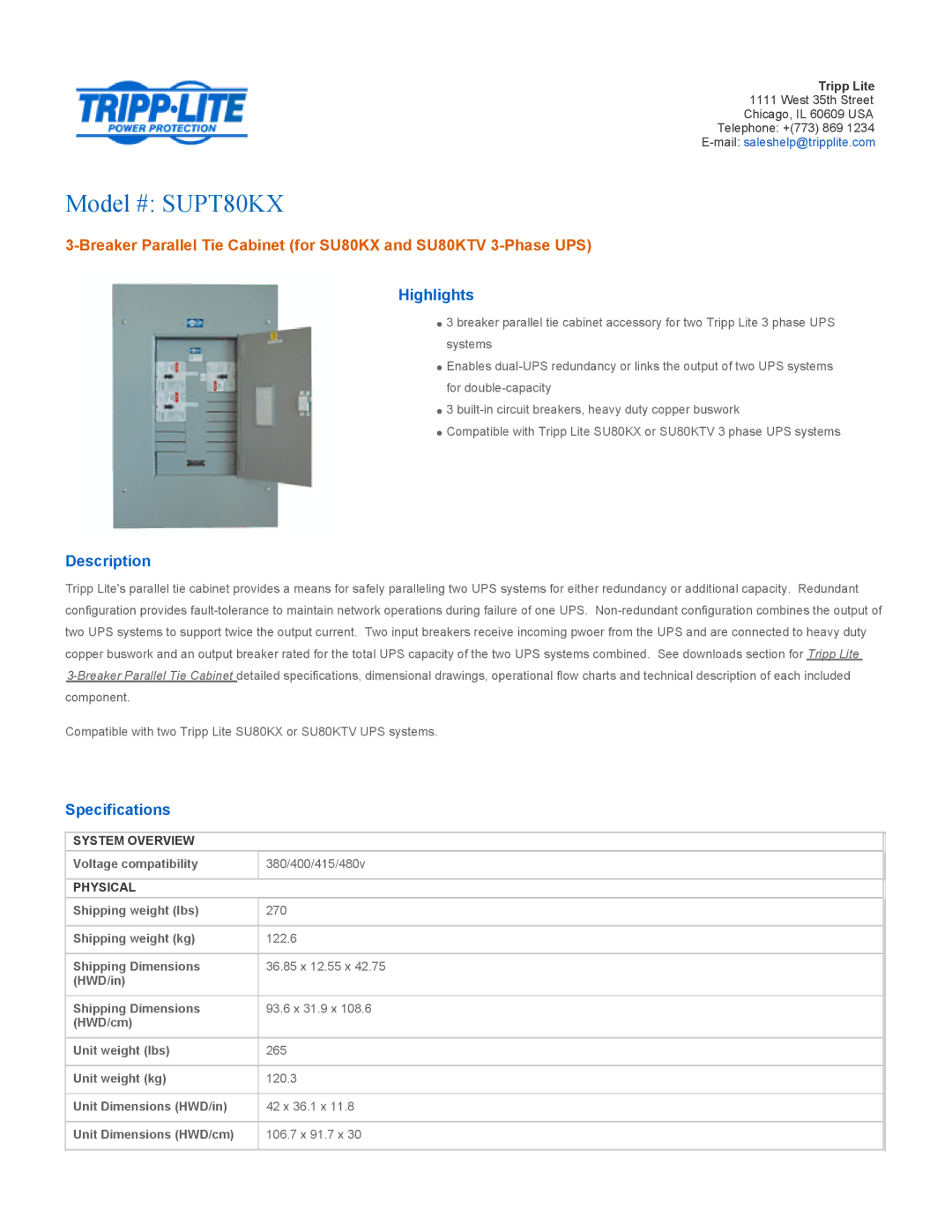 Tripp Lite specifications Model # SUPT80KX, Highlights, Description, Specifications 