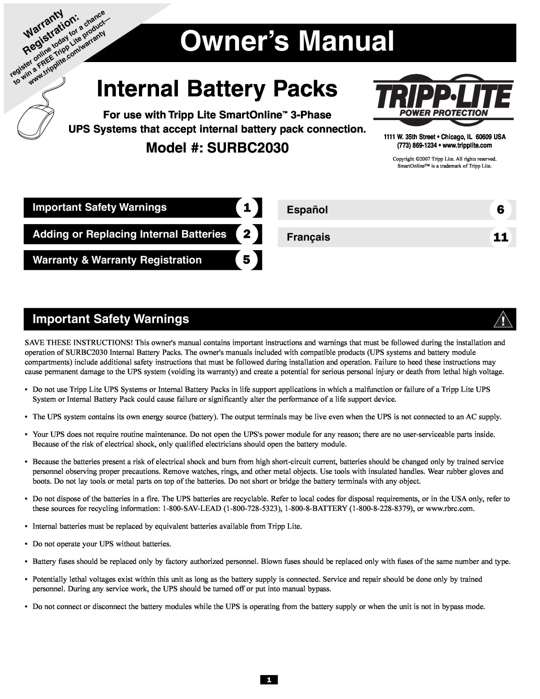 Tripp Lite owner manual Internal Battery Packs, Model # SURBC2030, Important Safety Warnings, Español, Français 