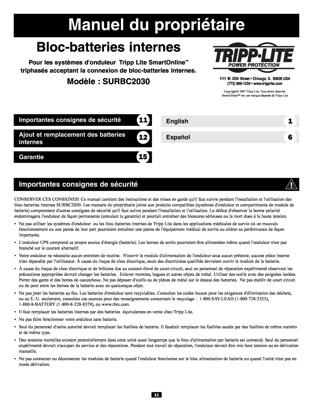 Tripp Lite Manuel du propriétaire, Bloc-batteries internes, Modèle SURBC2030, Importantes consignes de sécurité 