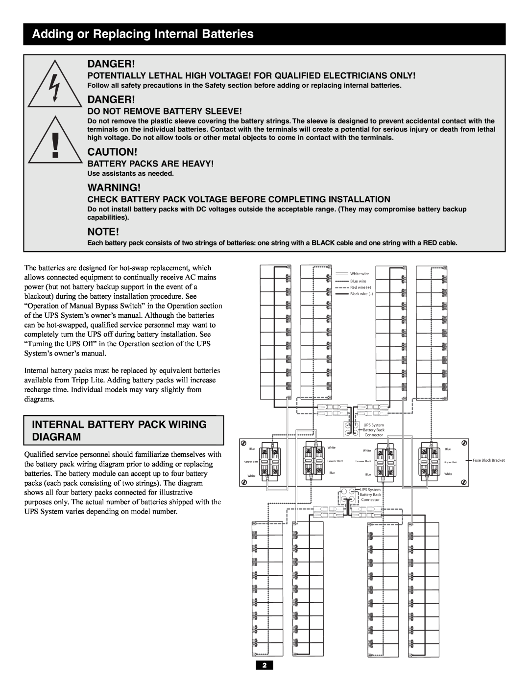 Tripp Lite SURBC2030 owner manual Adding or Replacing Internal Batteries, Danger, Internal Battery Pack Wiring Diagram 