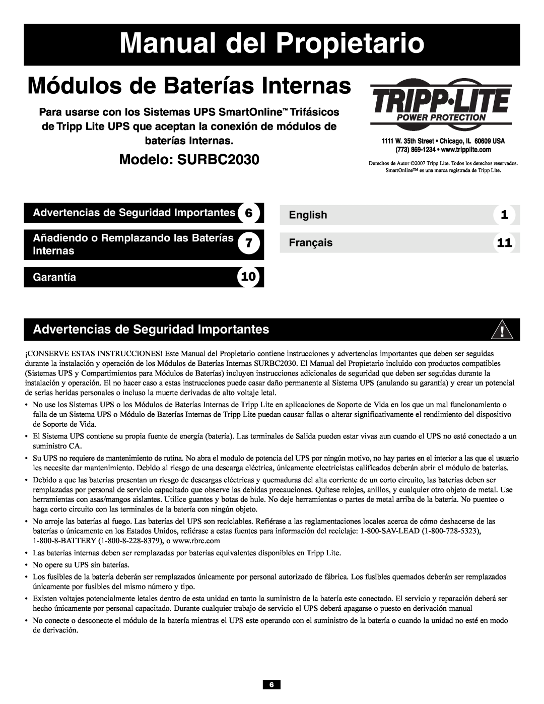 Tripp Lite owner manual Manual del Propietario, Módulos de Baterías Internas, Modelo SURBC2030, English 7 Français 