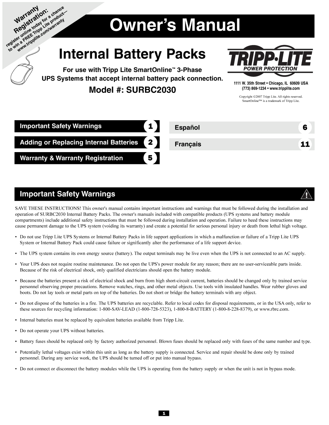 Tripp Lite SURBC2030 owner manual Internal Battery Packs, Important Safety Warnings 