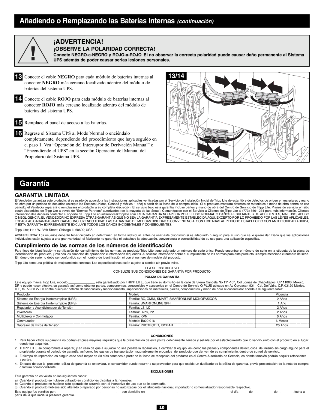 Tripp Lite SURBC2030 owner manual Garantía, ¡OBSERVE LA Polaridad Correcta, Garantia Limitada 