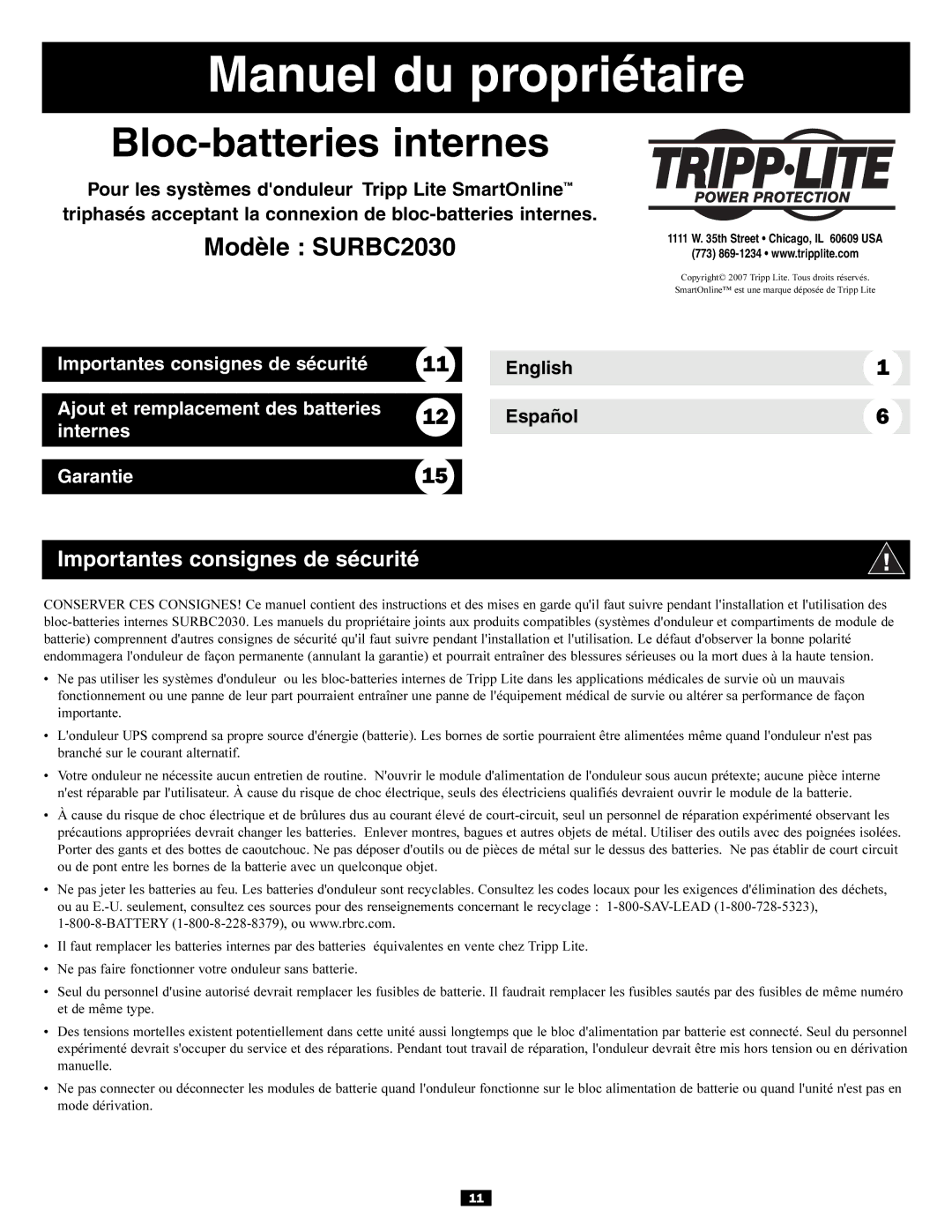 Tripp Lite SURBC2030 owner manual Manuel du propriétaire, Importantes consignes de sécurité 