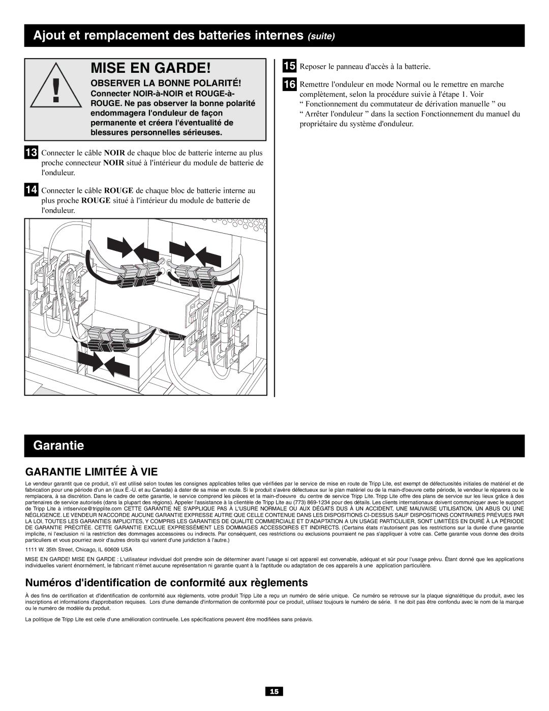 Tripp Lite SURBC2030 owner manual Garantie Limitée À VIE, Observer LA Bonne Polarité 