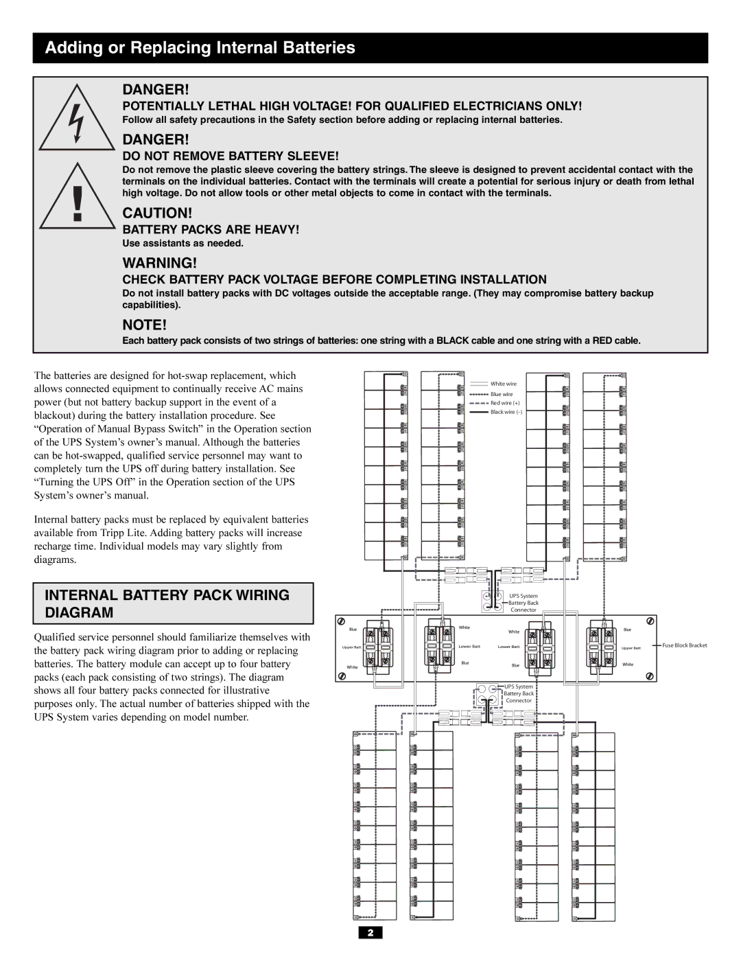 Tripp Lite SURBC2030 Adding or Replacing Internal Batteries, Internal Battery Pack Wiring Diagram, Battery Packs are Heavy 