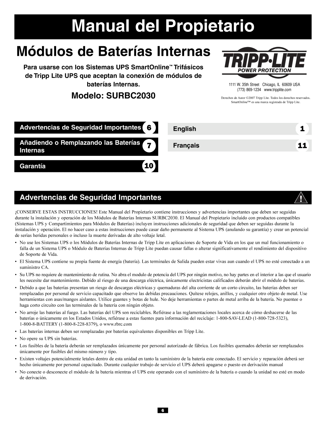 Tripp Lite SURBC2030 owner manual Manual del Propietario, Advertencias de Seguridad Importantes 