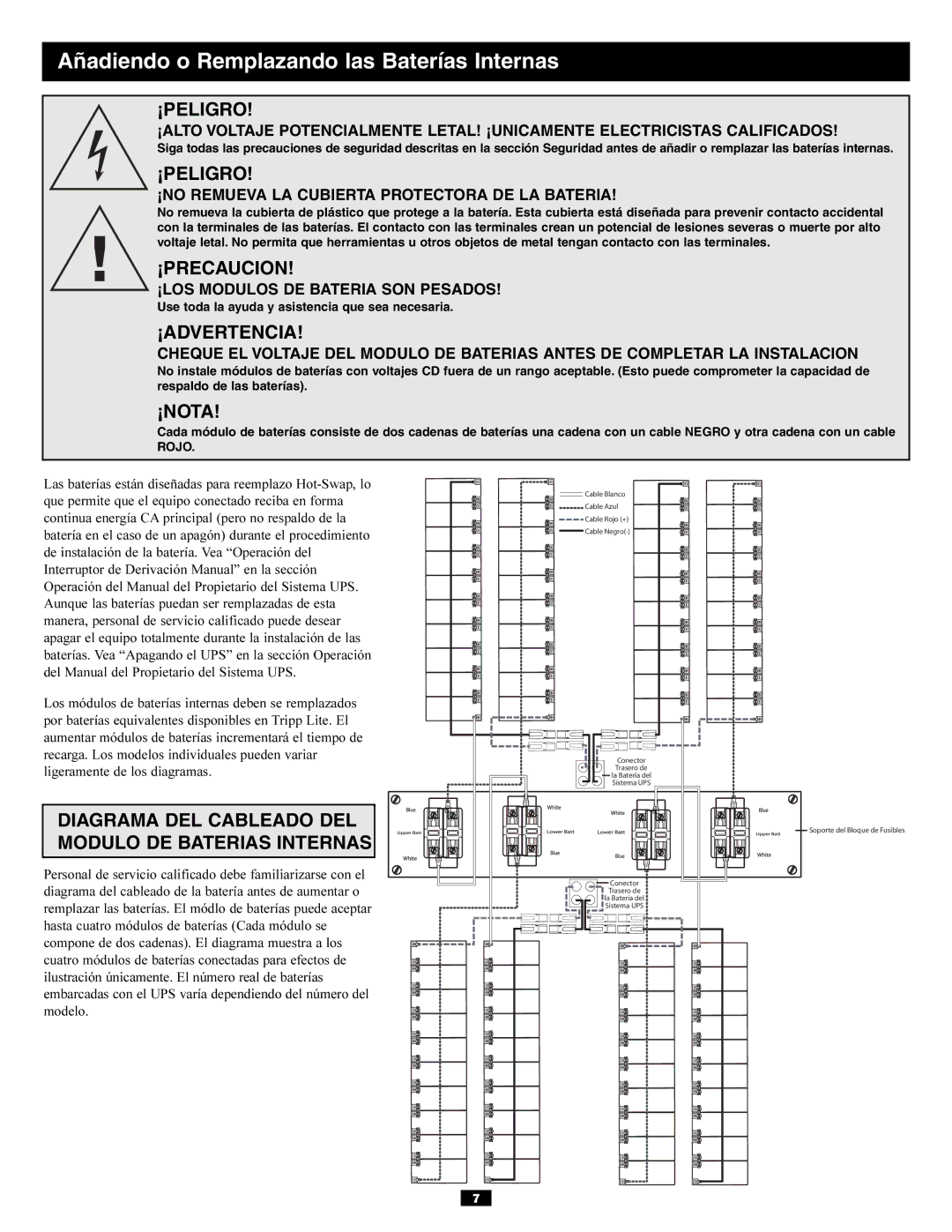 Tripp Lite SURBC2030 owner manual Añadiendo o Remplazando las Baterías Internas 