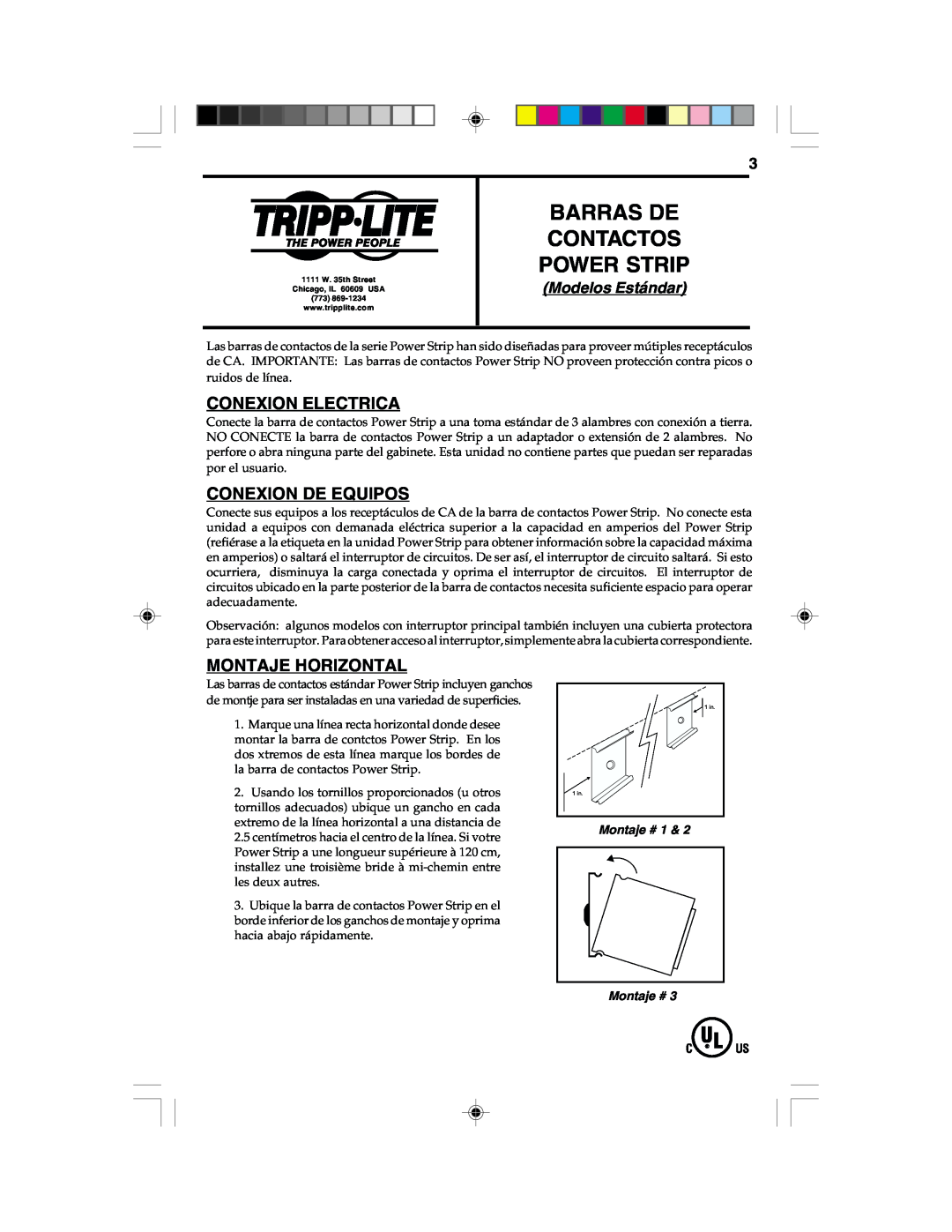 Tripp Lite Surge Protector user service Barras De Contactos Power Strip, Modelos Estándar, Montaje # 1, Conexion Electrica 