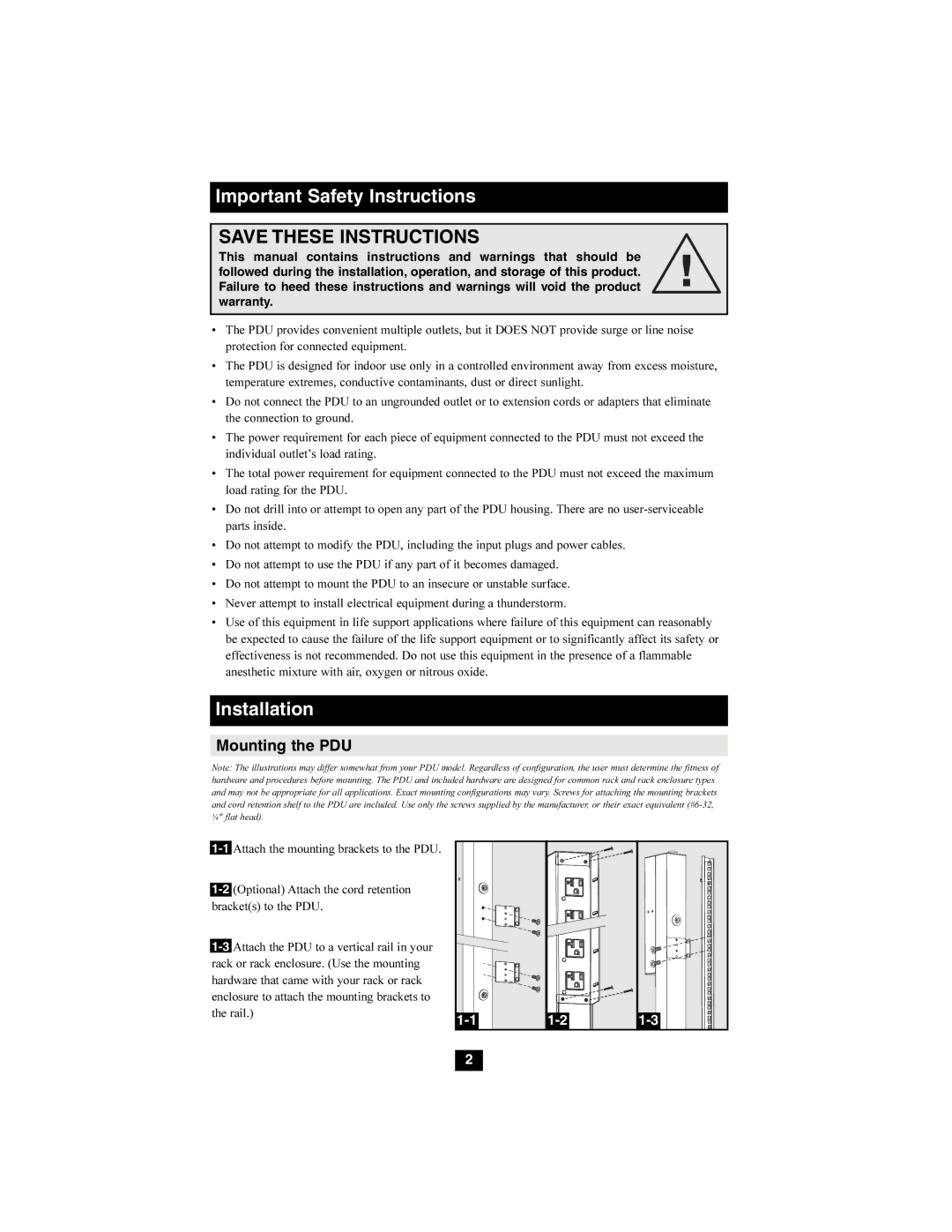 Tripp Lite Switched Rack PDU owner manual Important Safety Instructions, Mounting the PDU 