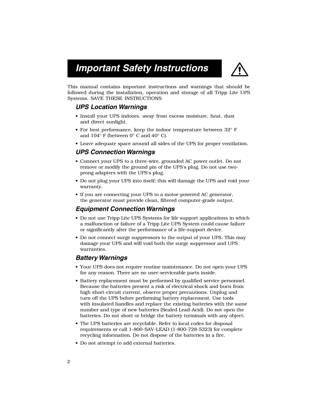 Tripp Lite TE-700L, TE-300 Important Safety Instructions, UPS Location Warnings, UPS Connection Warnings, Battery Warnings 