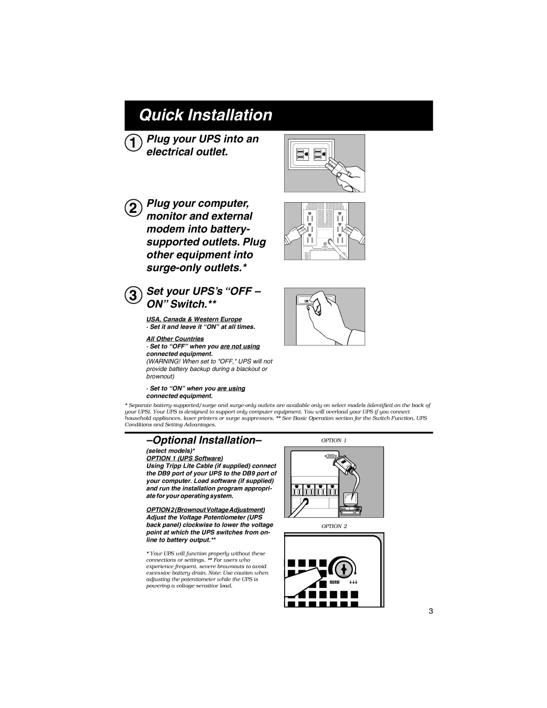 Tripp Lite TE-300, TE-700L specifications Quick Installation, On Switch, Optional Installation 