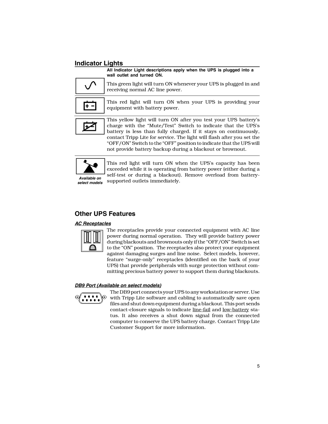 Tripp Lite TE-300, TE-700L Indicator Lights, Other UPS Features, AC Receptacles, DB9 Port Available on select models 