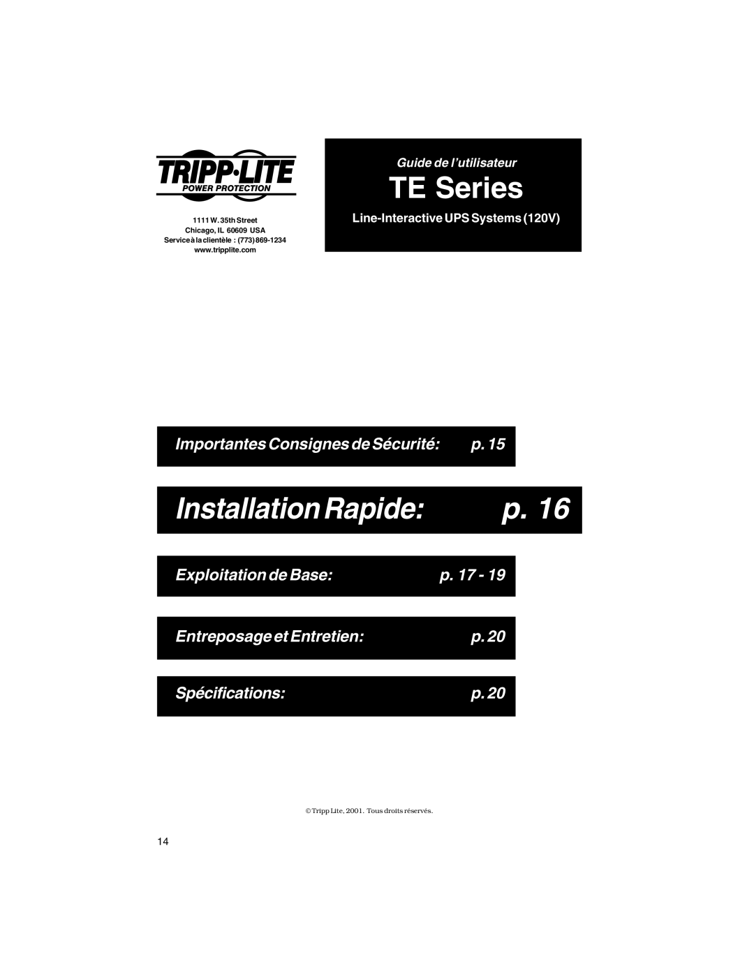 Tripp Lite TE Series owner manual Installation Rapide 