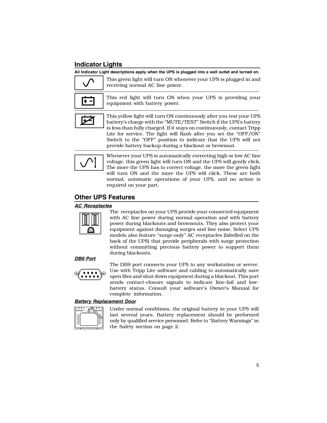 Tripp Lite TE Series owner manual Indicator Lights, Other UPS Features 