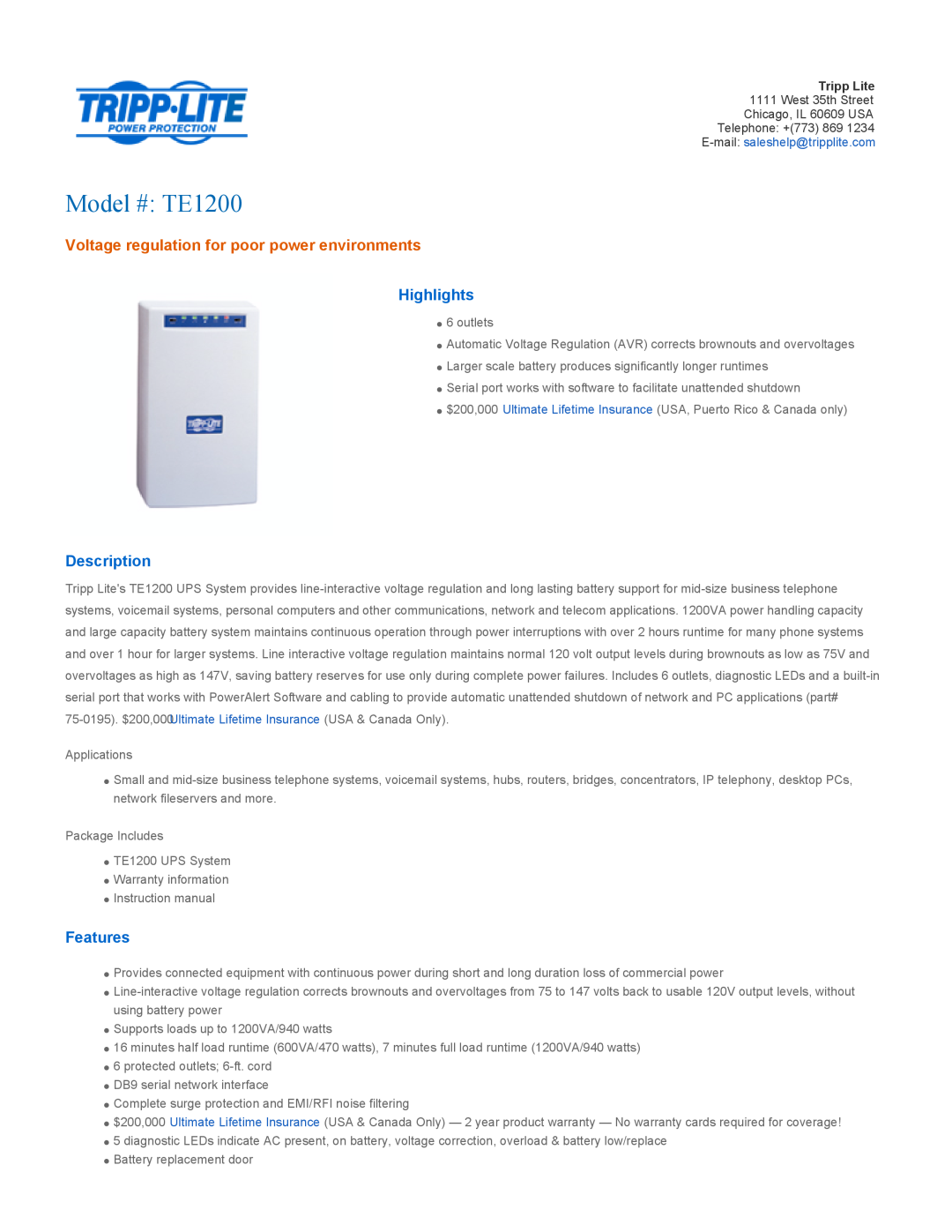 Tripp Lite warranty Highlights, Description, Features, Model # TE1200, Voltage regulation for poor power environments 