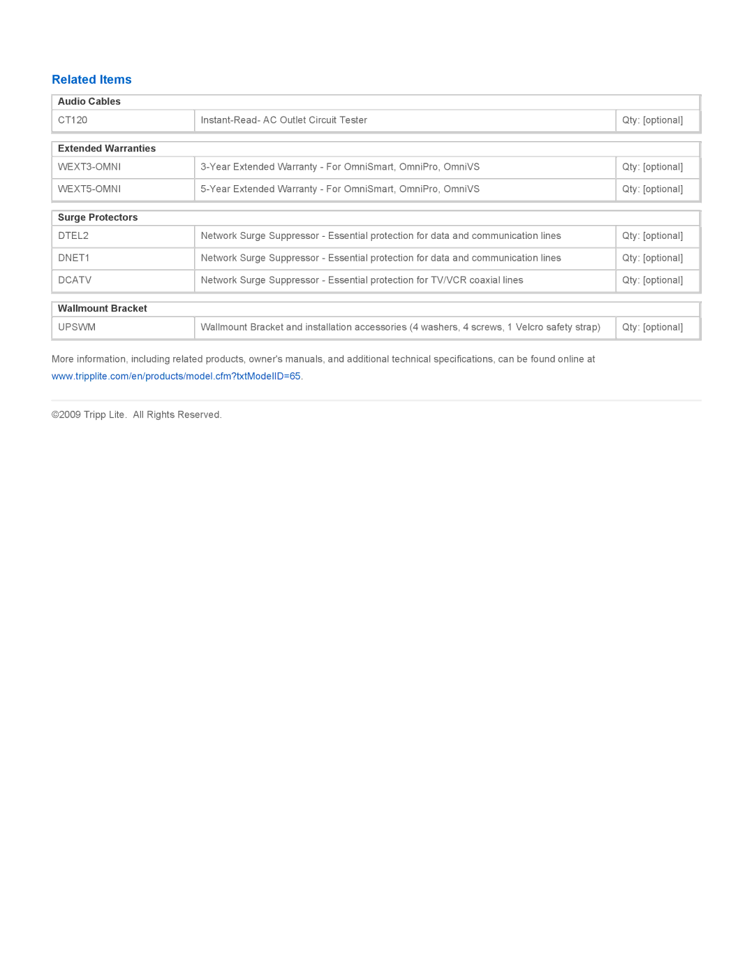 Tripp Lite TE1200 warranty Related Items, Surge Protectors 