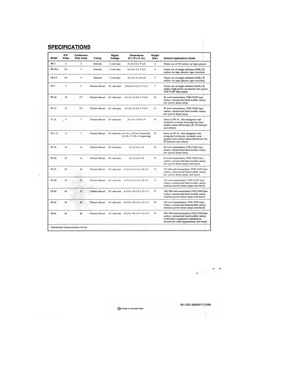 Tripp Lite TL Series, PR Series owner manual Specifications 