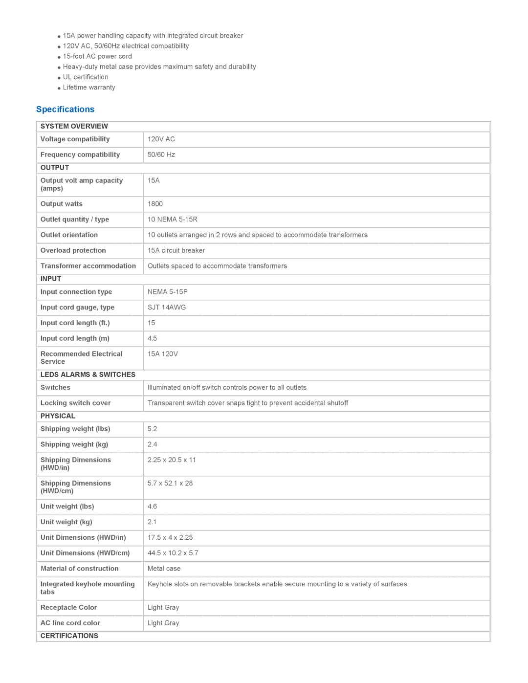 Tripp Lite TLM1015NC warranty Specifications 