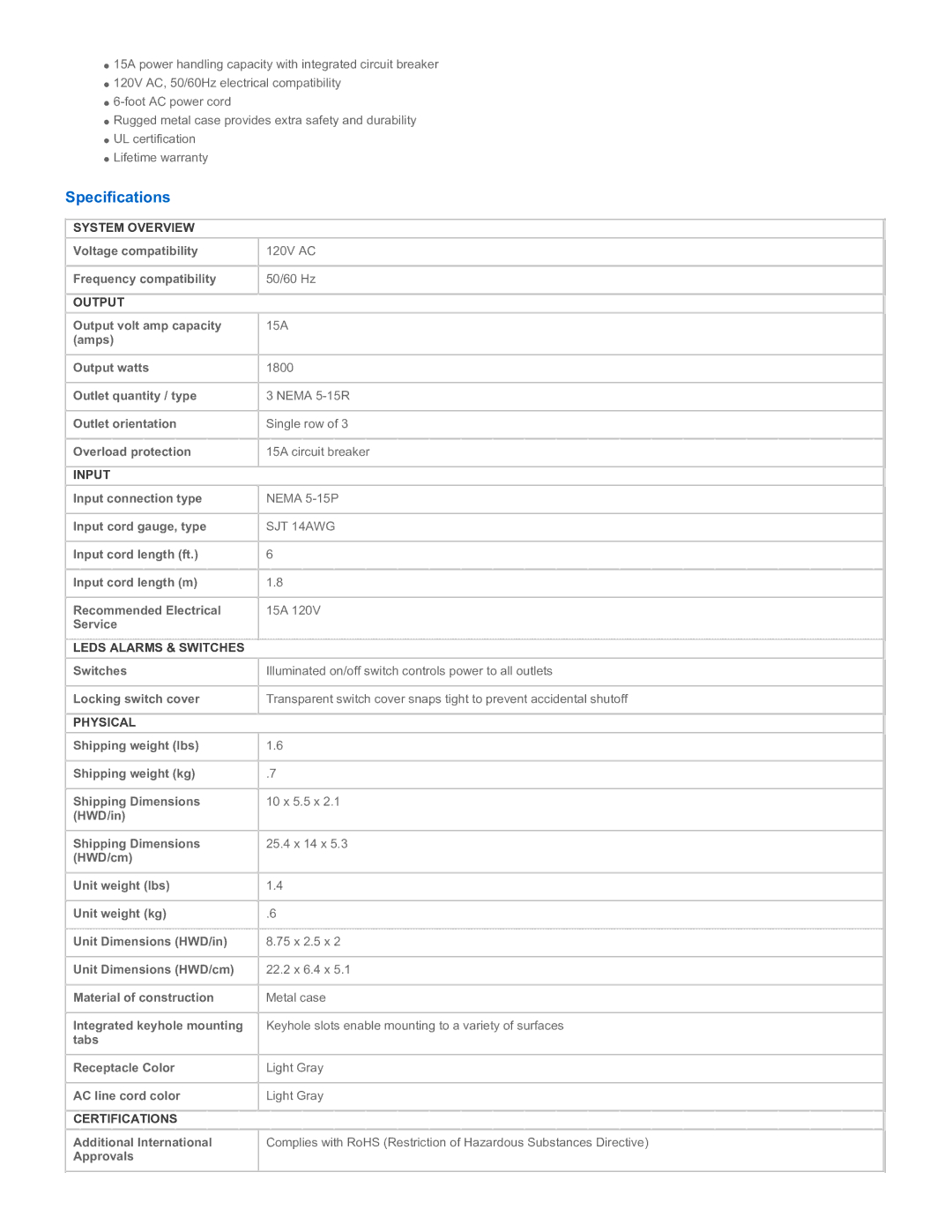 Tripp Lite TLM306NC warranty Specifications 