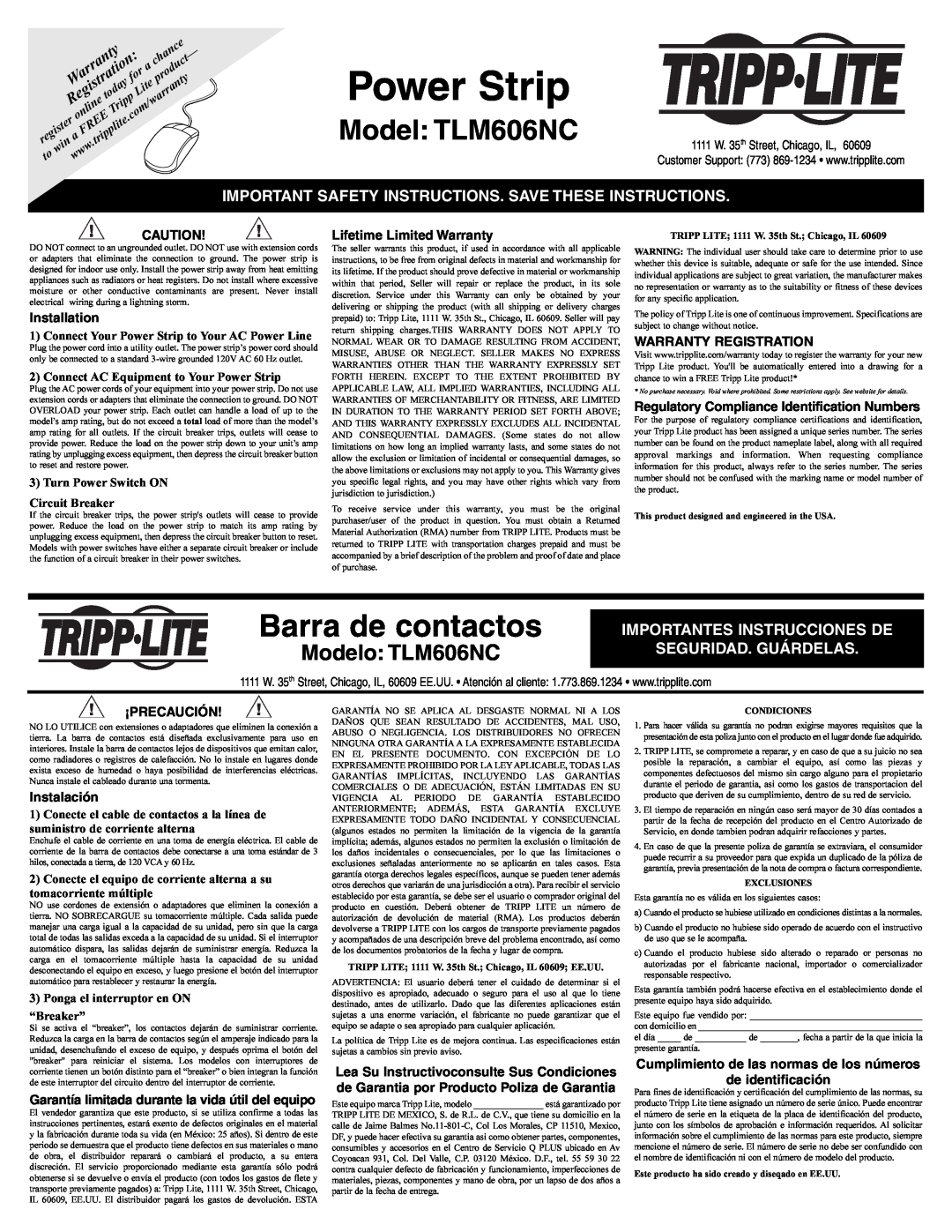 Tripp Lite important safety instructions Barra de contactos, Modelo TLM606NC, Warranty, Registration, Installation 