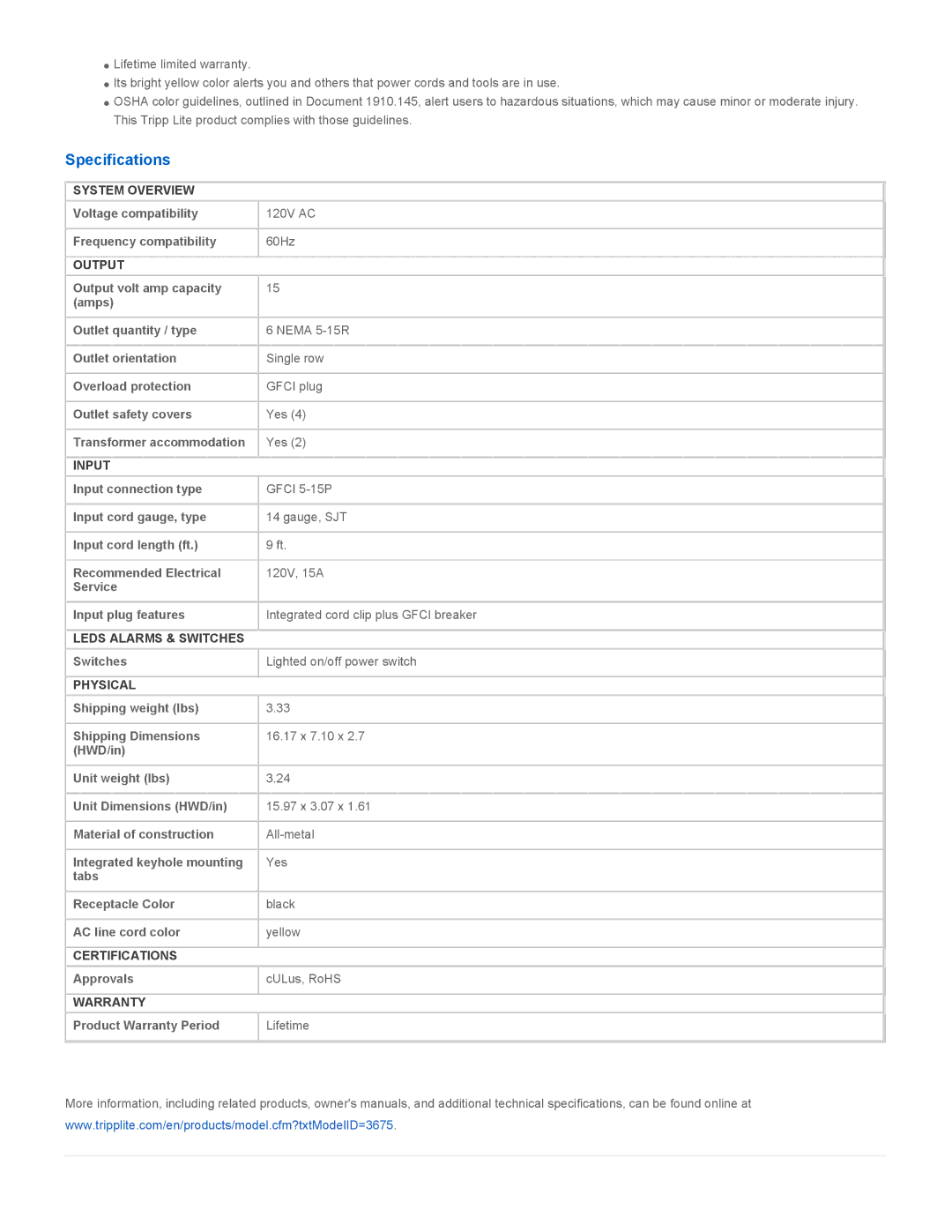 Tripp Lite TLM609GF warranty Specifications 