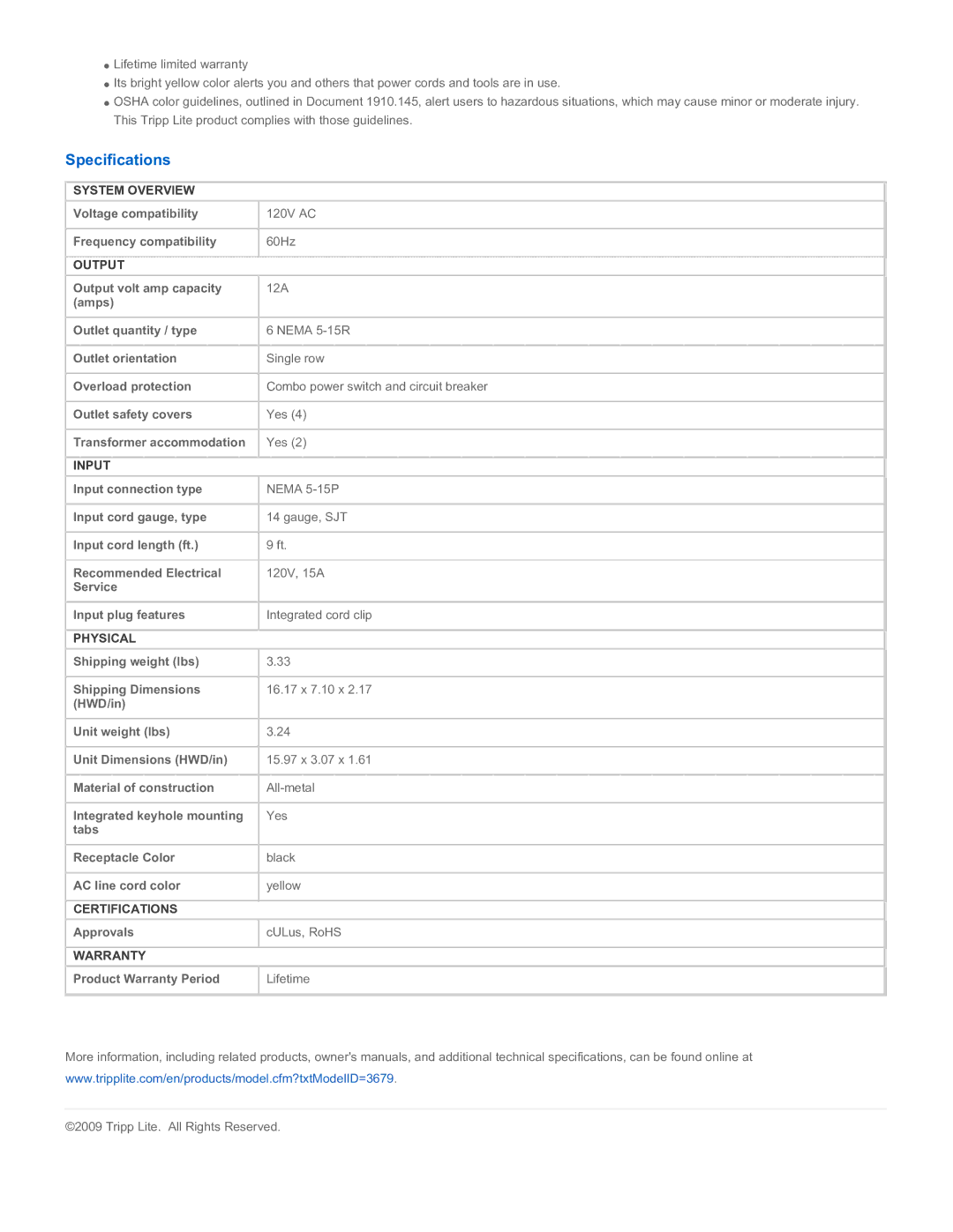 Tripp Lite TLM609NS warranty Specifications 