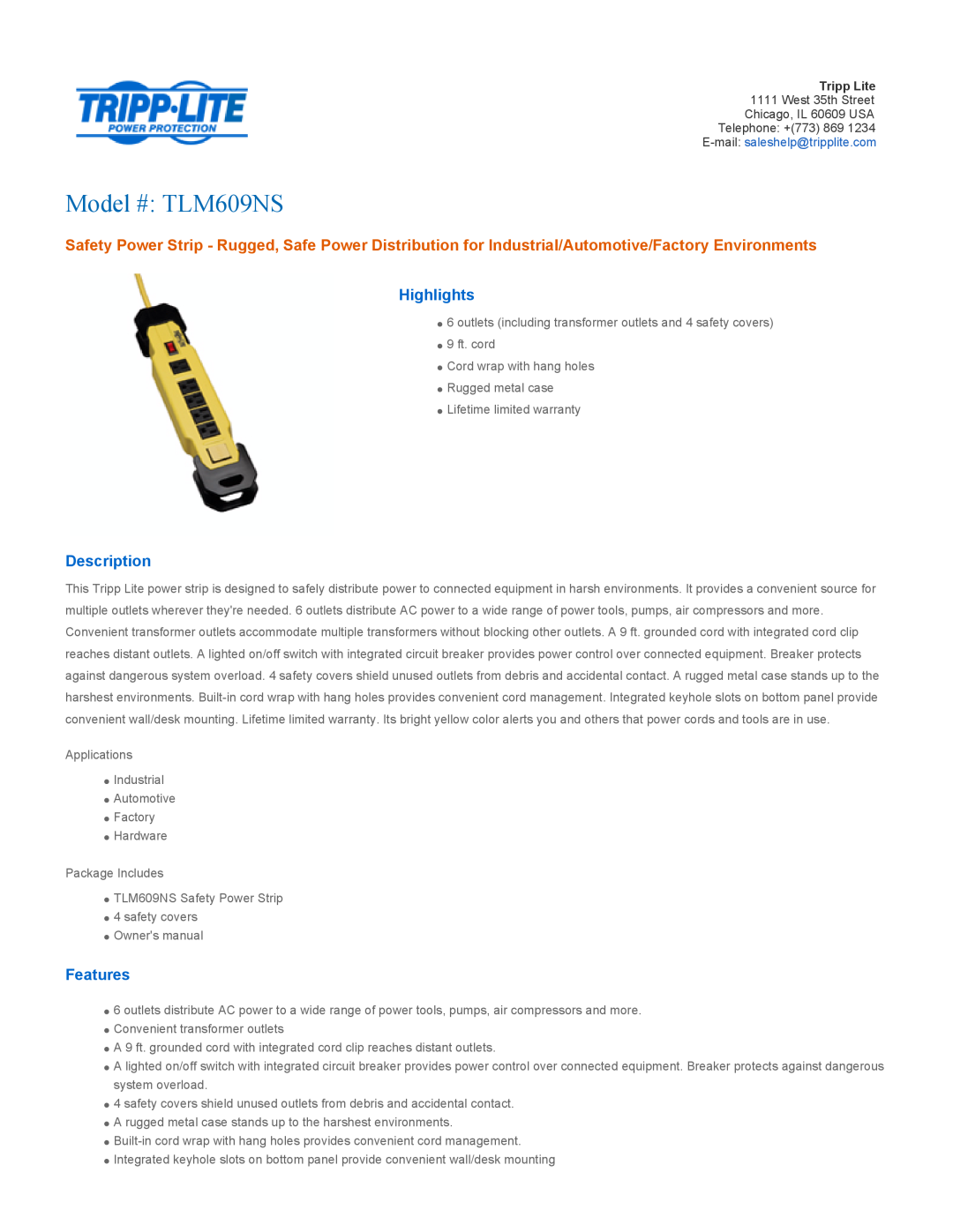 Tripp Lite warranty Highlights, Description, Features, Model # TLM609NS 