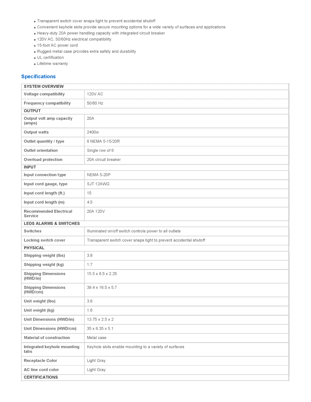 Tripp Lite TLM615NC20 warranty Specifications 