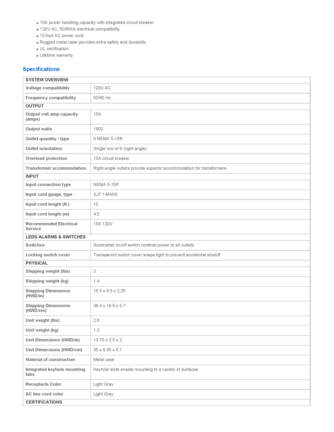 Tripp Lite TLM615NCRA warranty Specifications 