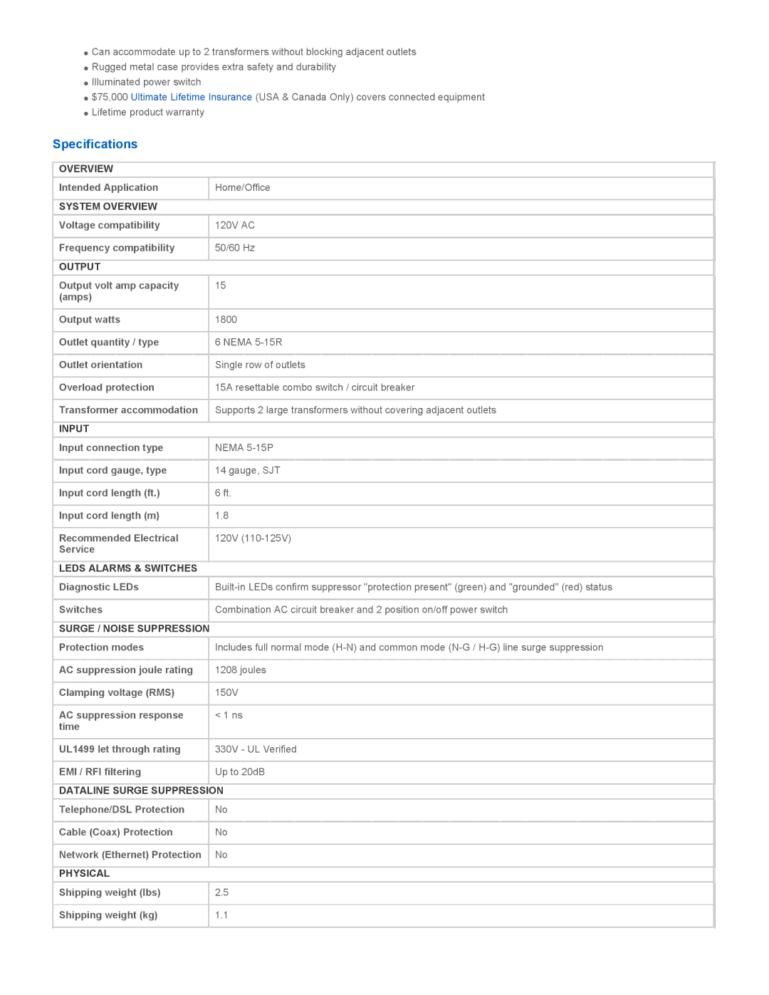 Tripp Lite TLM626 warranty Specifications 