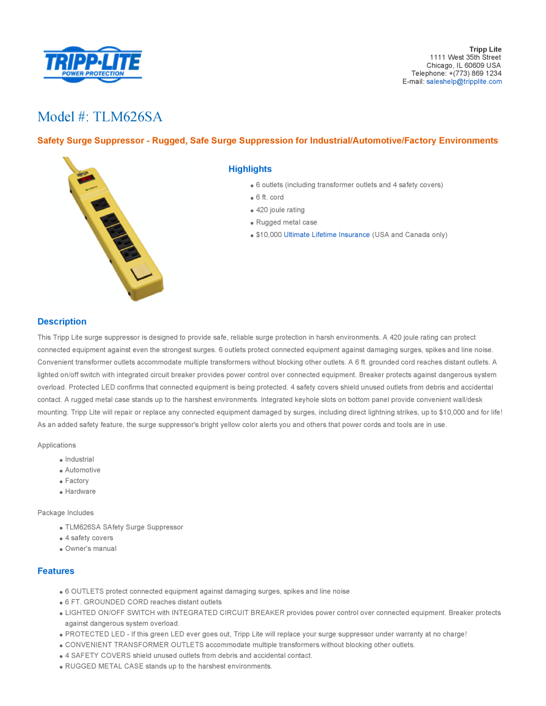 Tripp Lite owner manual Highlights, Description, Features, Model # TLM626SA 
