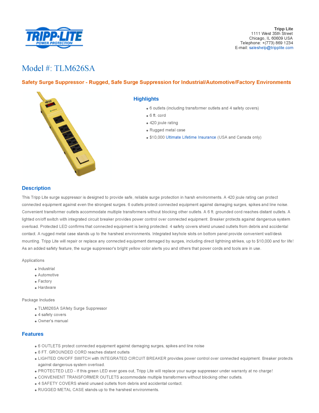 Tripp Lite TLM626SA owner manual Highlights, Description, Features 