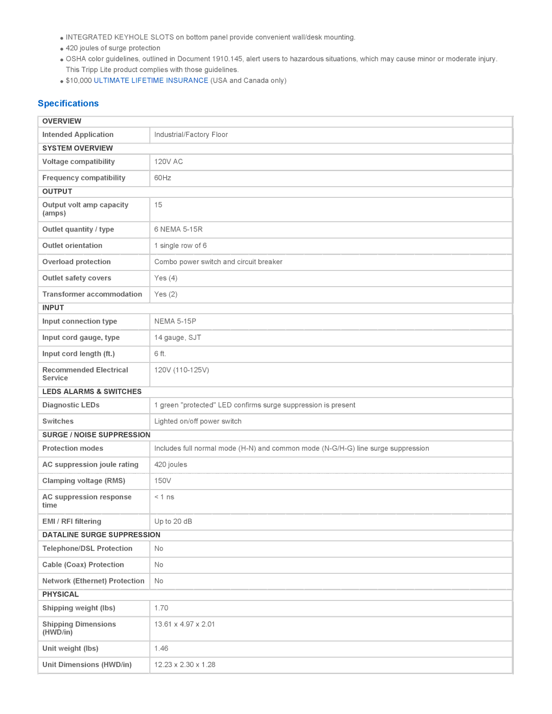 Tripp Lite TLM626SA owner manual Specifications 