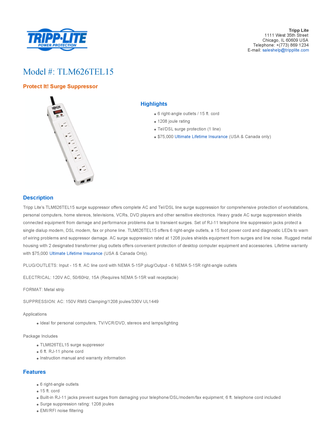 Tripp Lite warranty Highlights, Description, Features, Model # TLM626TEL15, Protect It! Surge Suppressor 