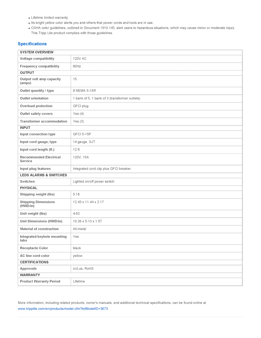 Tripp Lite TLM812GF warranty Specifications 